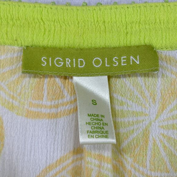 SIGRID OLSEN Top S Lemon Print Crinkle Gauze V-Neck Beaded Sequin Cotton Yellow - Picture 9 of 13